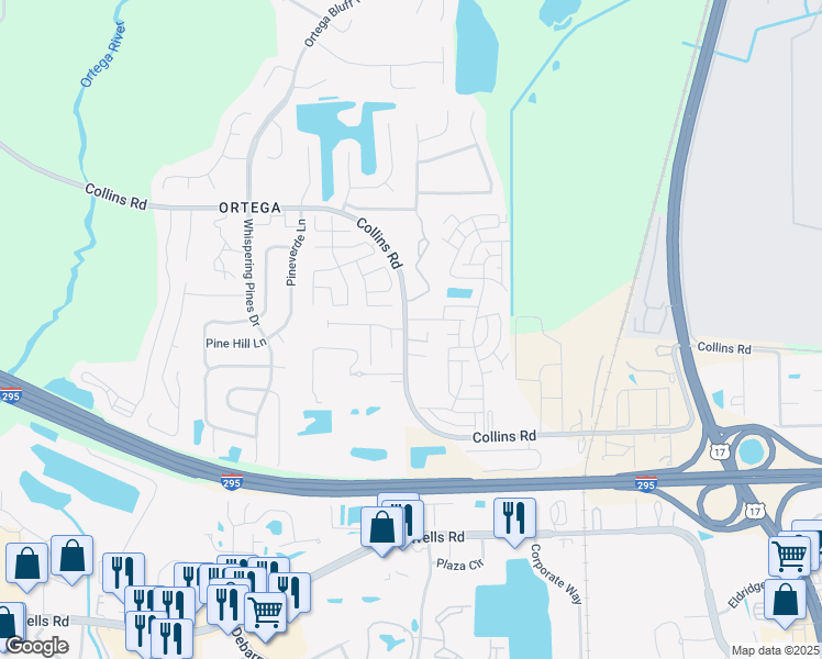 map of restaurants, bars, coffee shops, grocery stores, and more near 5281 Collins Road in Jacksonville