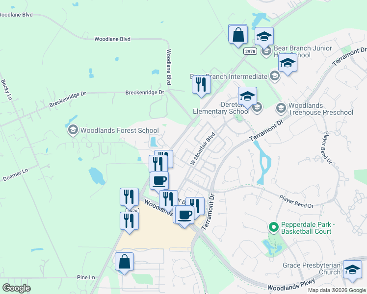 map of restaurants, bars, coffee shops, grocery stores, and more near 38 Whetstone Ridge Way in Spring
