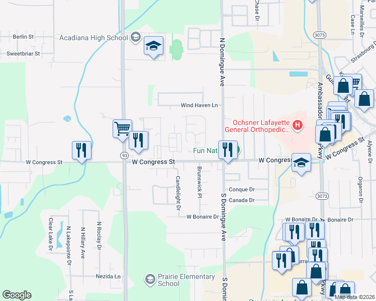 map of restaurants, bars, coffee shops, grocery stores, and more near 110 Oakpark Cir in Lafayette