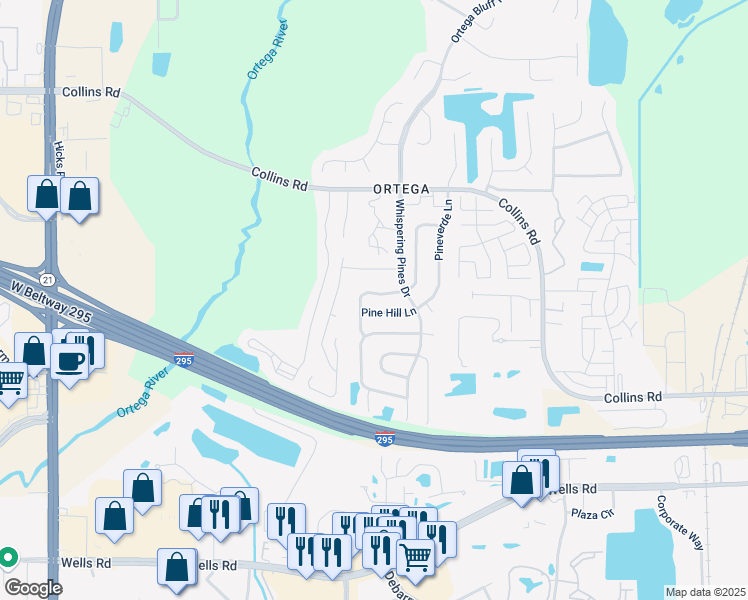 map of restaurants, bars, coffee shops, grocery stores, and more near 5662 Colony Pine Cir N in Jacksonville