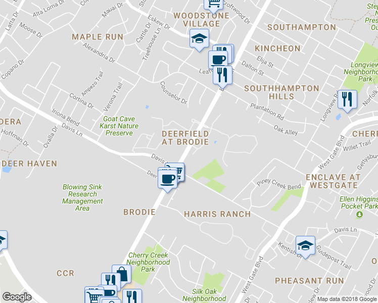 map of restaurants, bars, coffee shops, grocery stores, and more near 8717 Brodie Lane in Austin