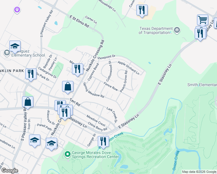 map of restaurants, bars, coffee shops, grocery stores, and more near 5505 Fence Row in Austin