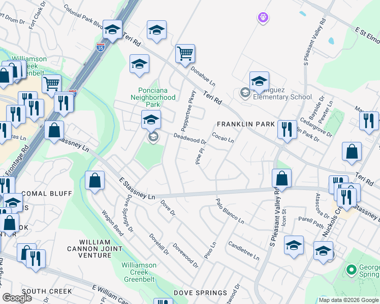 map of restaurants, bars, coffee shops, grocery stores, and more near 2309 Valley High Circle in Austin