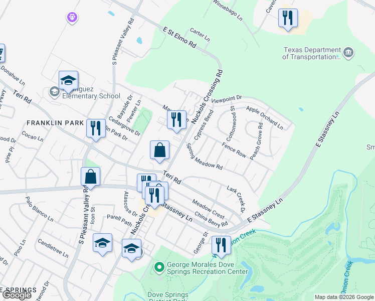 map of restaurants, bars, coffee shops, grocery stores, and more near 5305a Spring Meadow Road in Austin