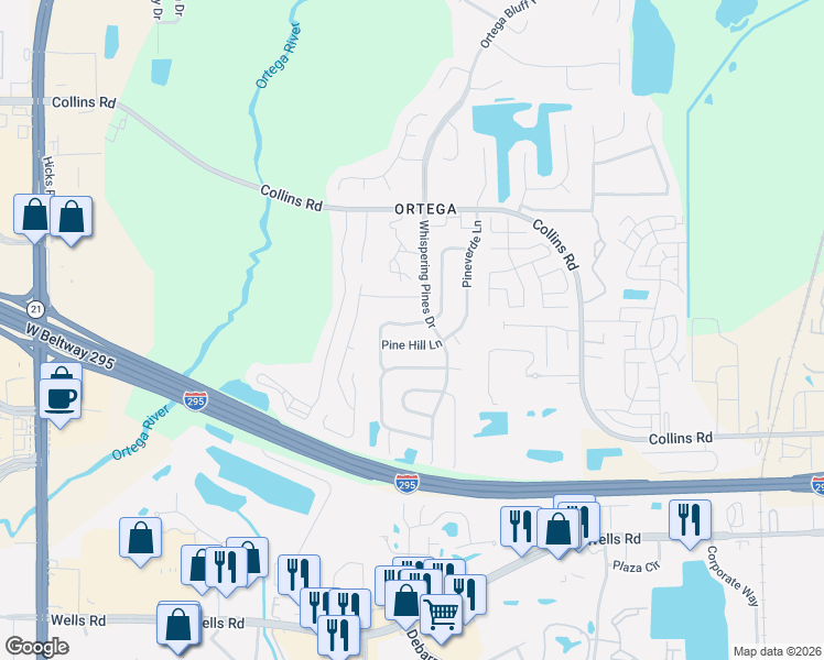 map of restaurants, bars, coffee shops, grocery stores, and more near 5553 Pine Hill Lane in Jacksonville