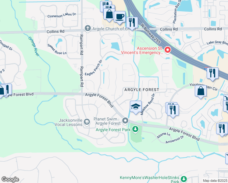 map of restaurants, bars, coffee shops, grocery stores, and more near 8426 Candlewood Cove Trail in Jacksonville