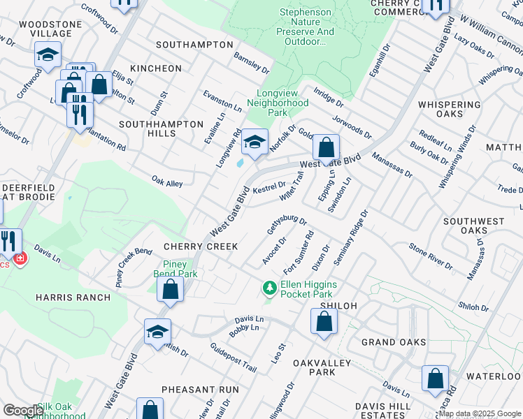 map of restaurants, bars, coffee shops, grocery stores, and more near 8109 Willet Trail in Austin