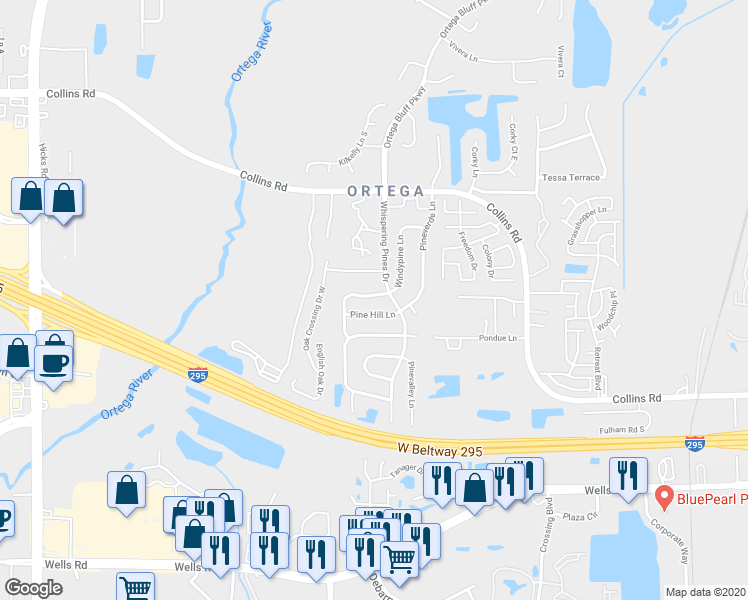 map of restaurants, bars, coffee shops, grocery stores, and more near 5553 Pine Hill Lane in Jacksonville