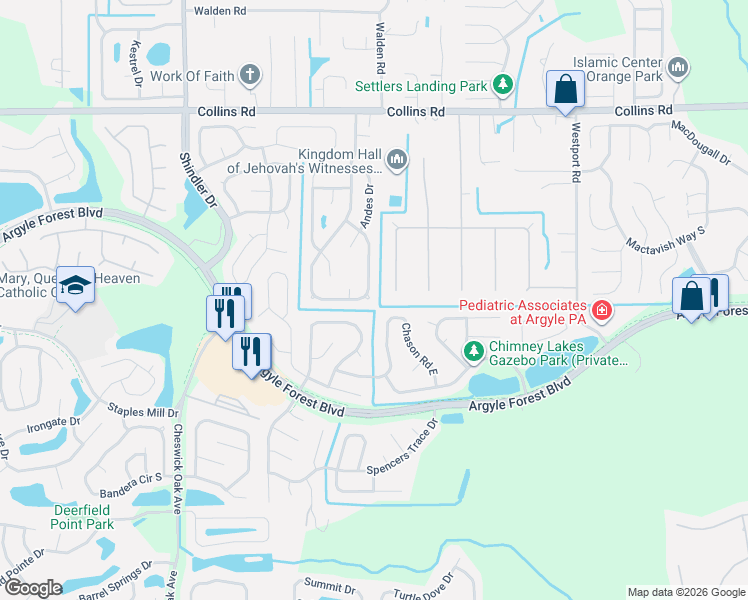 map of restaurants, bars, coffee shops, grocery stores, and more near 8610 Collins Ridge Boulevard South in Jacksonville