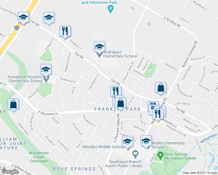 map of restaurants, bars, coffee shops, grocery stores, and more near 5208 Village Trail in Austin