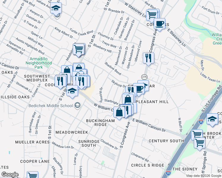 map of restaurants, bars, coffee shops, grocery stores, and more near 6506 Skycrest Drive in Austin