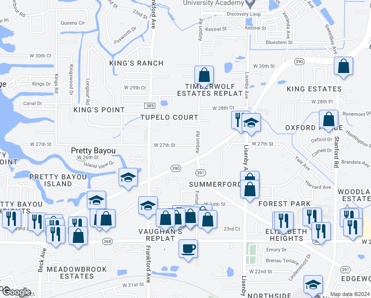 map of restaurants, bars, coffee shops, grocery stores, and more near 1823 West 27th Street in Panama City