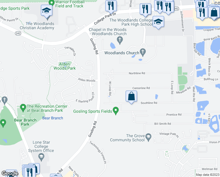 map of restaurants, bars, coffee shops, grocery stores, and more near West Loop Road in Conroe
