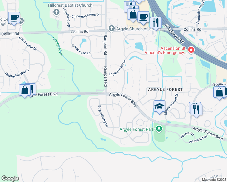 map of restaurants, bars, coffee shops, grocery stores, and more near 8386 Argyle Corners Court in Jacksonville
