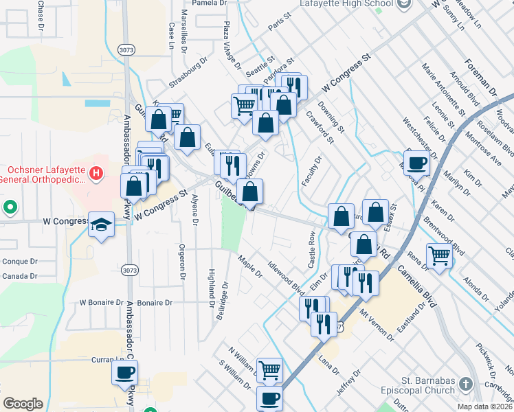 map of restaurants, bars, coffee shops, grocery stores, and more near 326 Guilbeau Road in Lafayette
