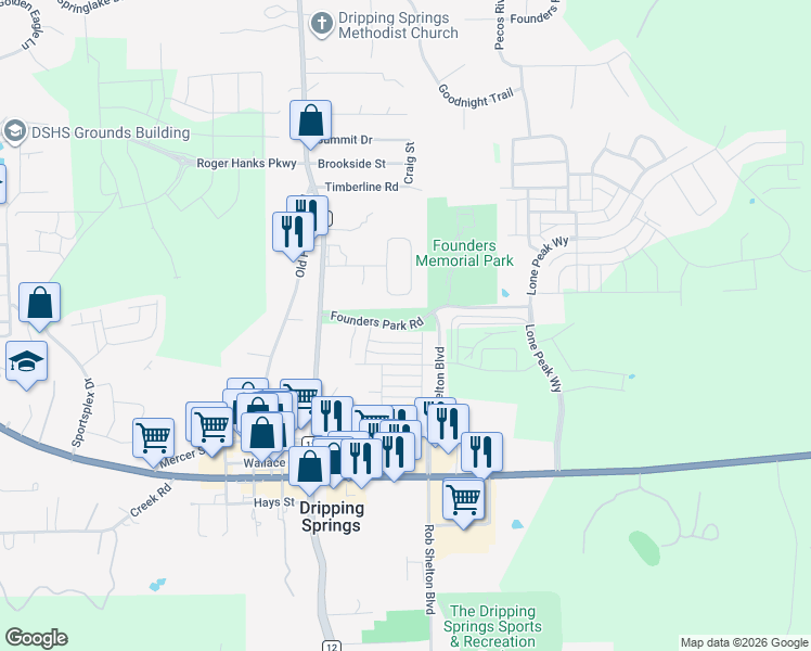 map of restaurants, bars, coffee shops, grocery stores, and more near 126 Iron Rail Road in Dripping Springs