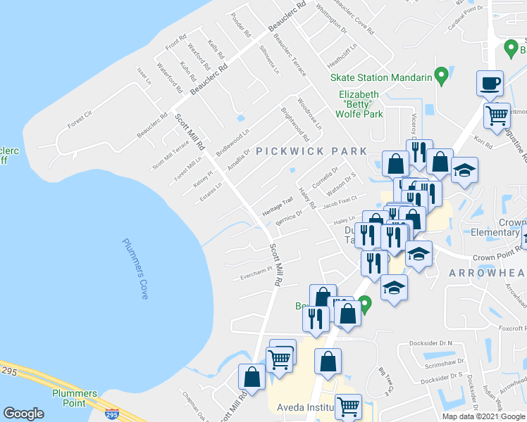 map of restaurants, bars, coffee shops, grocery stores, and more near 2915 Heritage Trail in Jacksonville