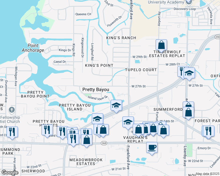 map of restaurants, bars, coffee shops, grocery stores, and more near 2317 West 27th Street in Panama City
