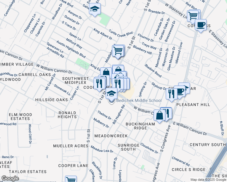 map of restaurants, bars, coffee shops, grocery stores, and more near 600 West William Cannon Drive in Austin