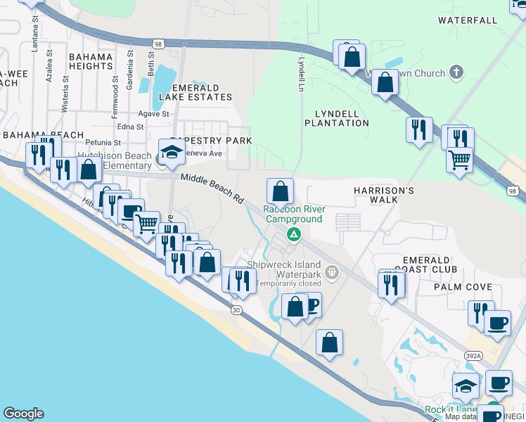 map of restaurants, bars, coffee shops, grocery stores, and more near 12500 Hutchison Boulevard in Panama City Beach