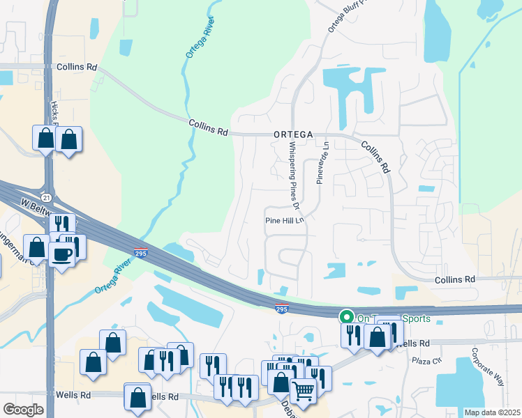 map of restaurants, bars, coffee shops, grocery stores, and more near 5689 Pine Hill Lane in Jacksonville