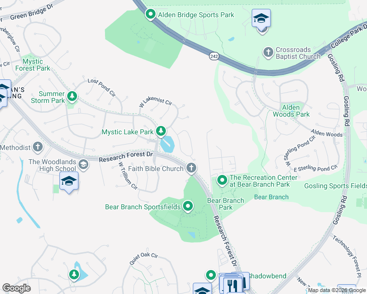 map of restaurants, bars, coffee shops, grocery stores, and more near 31 North Morning Cloud Circle in Spring