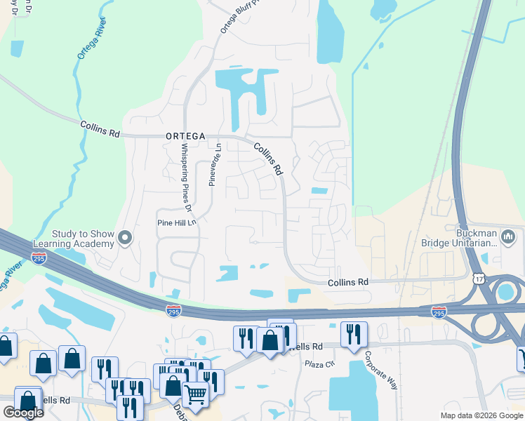 map of restaurants, bars, coffee shops, grocery stores, and more near 5269 Pondue Lane in Jacksonville