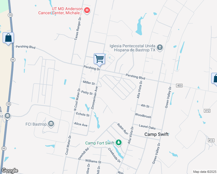 map of restaurants, bars, coffee shops, grocery stores, and more near 133 Guadalupe Street in Bastrop