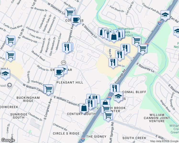 map of restaurants, bars, coffee shops, grocery stores, and more near 604 North Bluff Drive in Austin