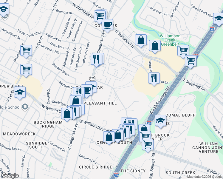 map of restaurants, bars, coffee shops, grocery stores, and more near 401 North Bluff Drive in Austin