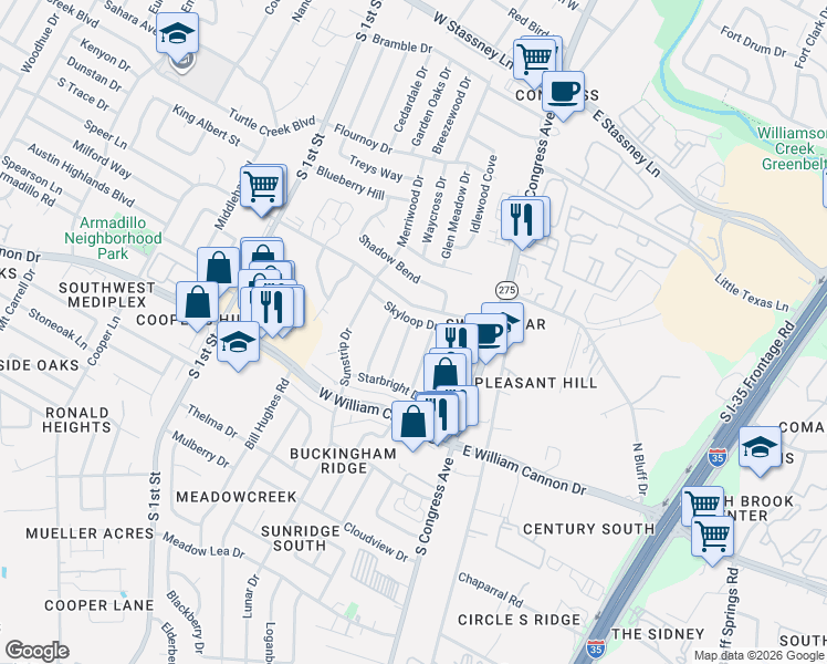 map of restaurants, bars, coffee shops, grocery stores, and more near 6501 Bluesky Way in Austin