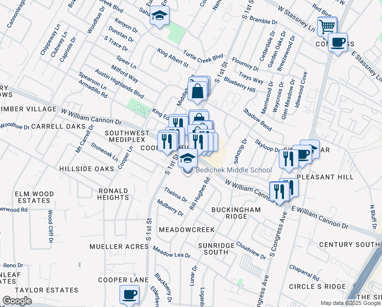 map of restaurants, bars, coffee shops, grocery stores, and more near 500 West William Cannon Drive in Austin