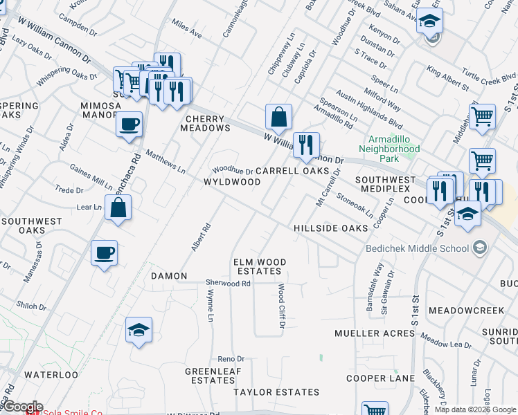 map of restaurants, bars, coffee shops, grocery stores, and more near 7201 Forest Wood Road in Austin