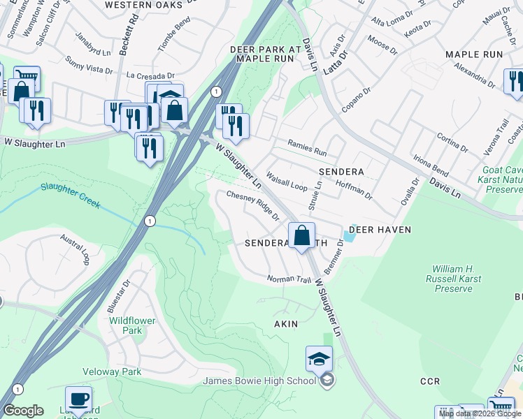map of restaurants, bars, coffee shops, grocery stores, and more near 4615 Chesney Ridge Drive in Austin