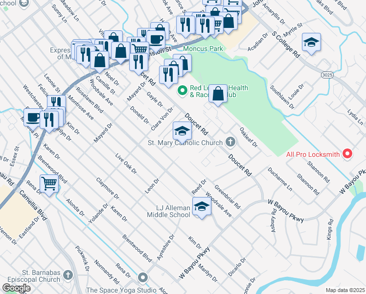 map of restaurants, bars, coffee shops, grocery stores, and more near 100 Leon Drive in Lafayette
