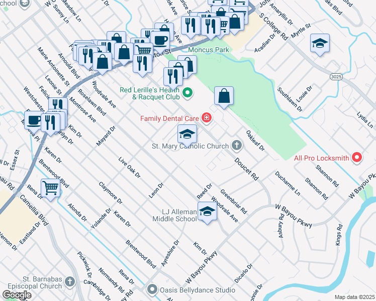 map of restaurants, bars, coffee shops, grocery stores, and more near 100 Leon Drive in Lafayette
