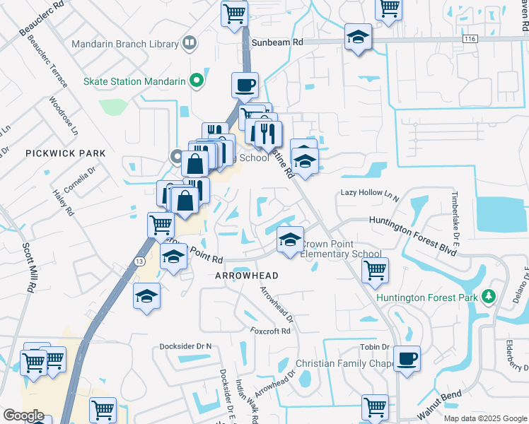 map of restaurants, bars, coffee shops, grocery stores, and more near 9850 Paddlewheel Court in Jacksonville