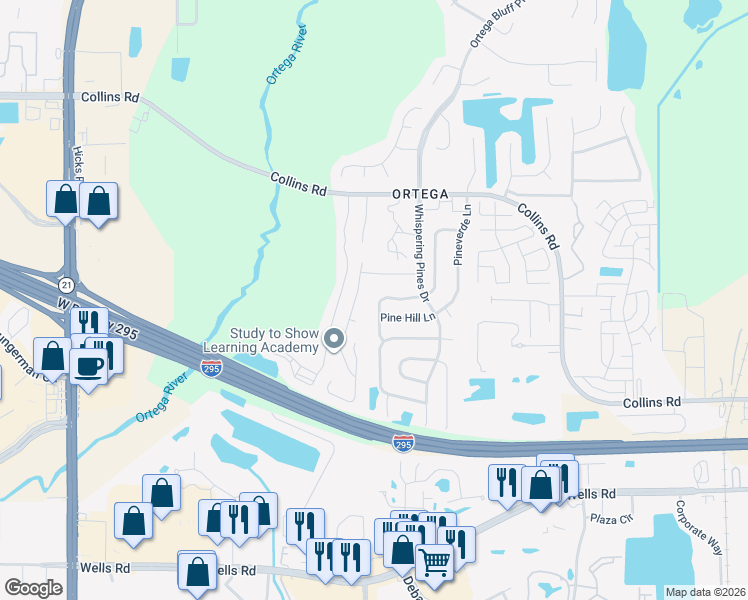 map of restaurants, bars, coffee shops, grocery stores, and more near 8524 Colony Pine Circle West in Jacksonville