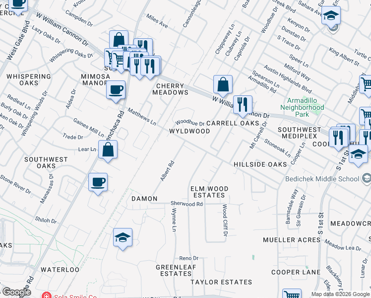 map of restaurants, bars, coffee shops, grocery stores, and more near 1307 Matthews Lane in Austin