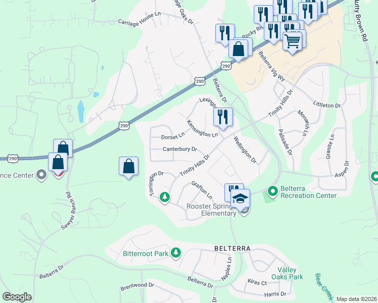 map of restaurants, bars, coffee shops, grocery stores, and more near 201 Canterbury Drive in Austin