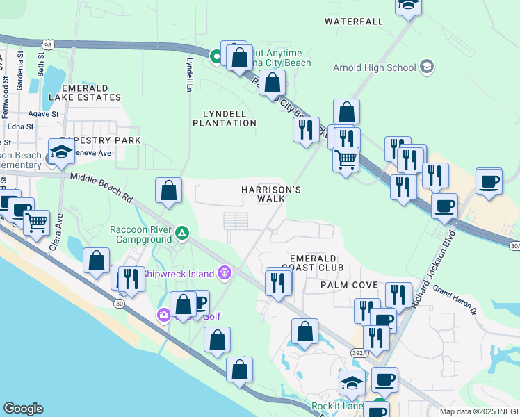 map of restaurants, bars, coffee shops, grocery stores, and more near 352 Madison Circle in Panama City Beach