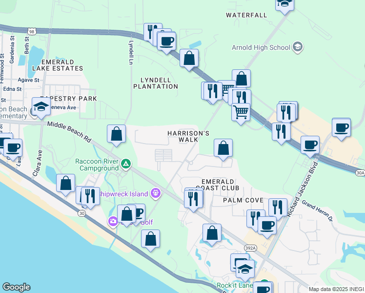 map of restaurants, bars, coffee shops, grocery stores, and more near 354 Madison Circle in Panama City Beach
