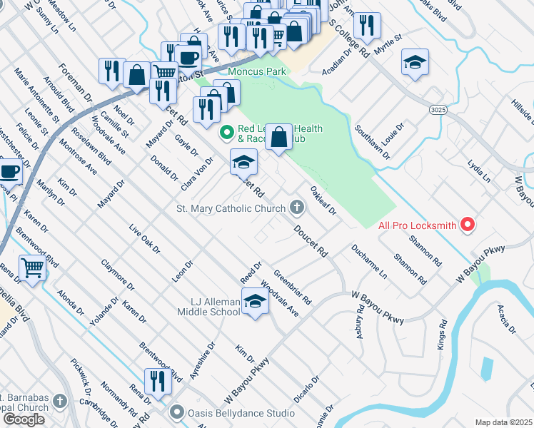map of restaurants, bars, coffee shops, grocery stores, and more near 101 South Ridgeway Drive in Lafayette