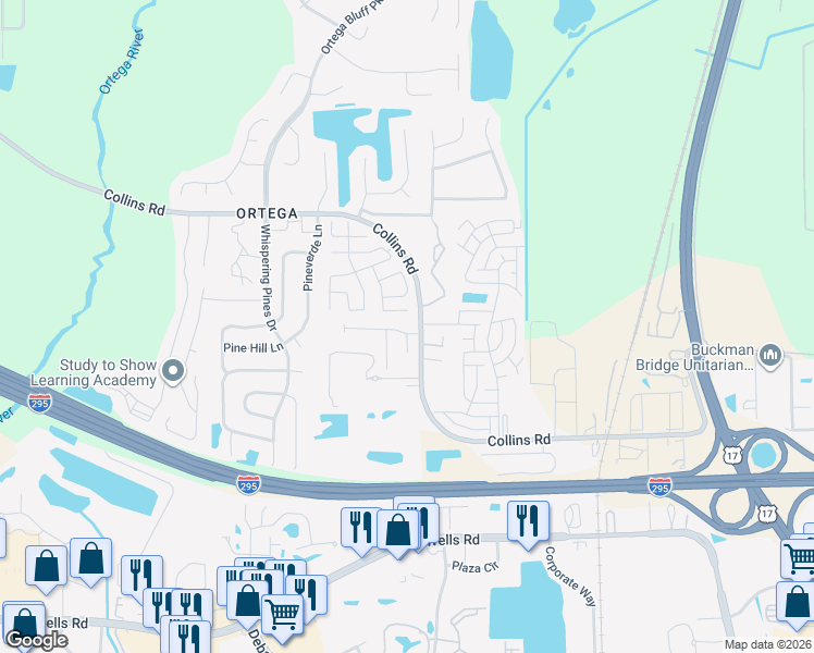 map of restaurants, bars, coffee shops, grocery stores, and more near 5281 Collins Road in Jacksonville