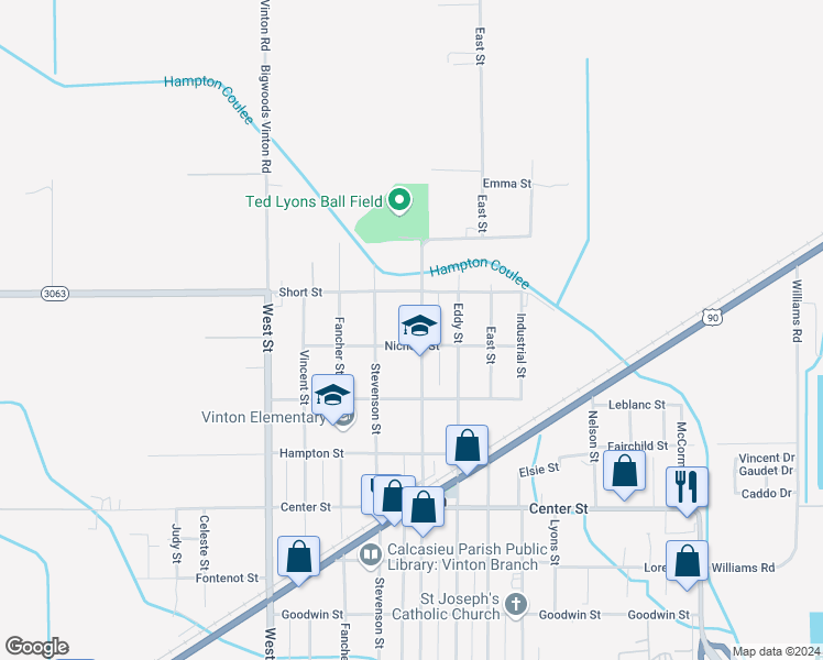 map of restaurants, bars, coffee shops, grocery stores, and more near 1610 Hampton Street in Vinton
