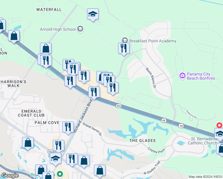 map of restaurants, bars, coffee shops, grocery stores, and more near 11190 Panama City Beach Parkway in Panama City Beach