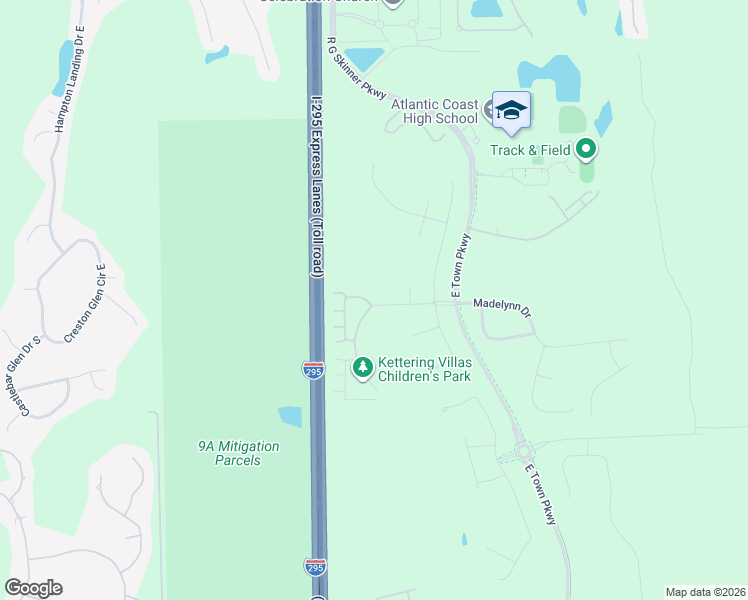 map of restaurants, bars, coffee shops, grocery stores, and more near East Beltway 295 in Jacksonville