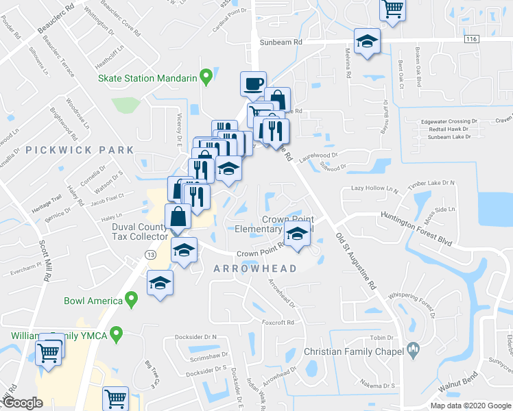 map of restaurants, bars, coffee shops, grocery stores, and more near 9850 Paddlewheel Court in Jacksonville