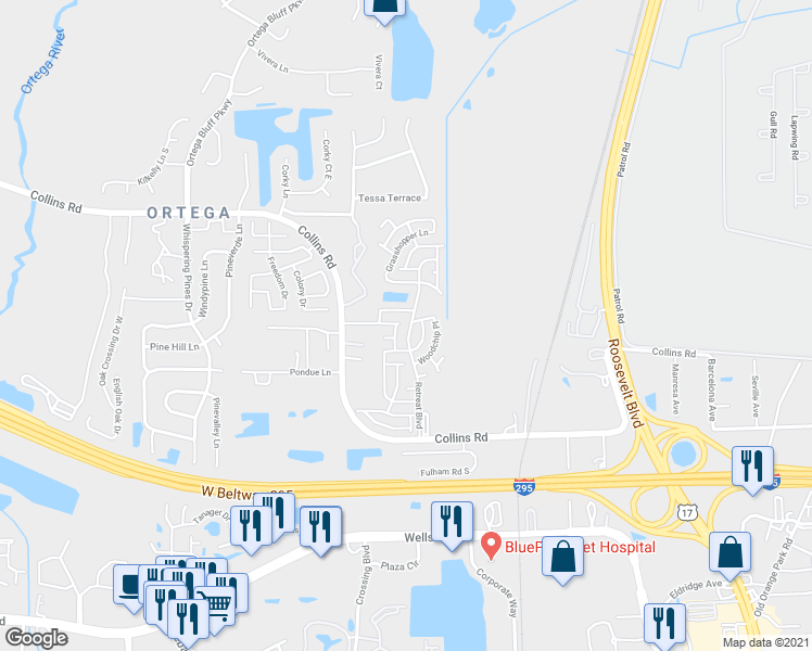 map of restaurants, bars, coffee shops, grocery stores, and more near Retreat Blvd in Jacksonville