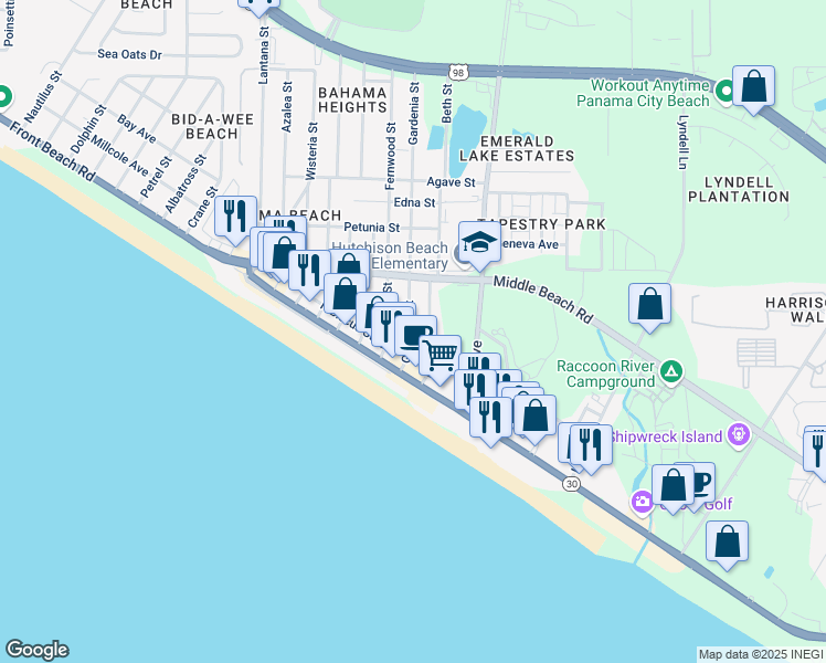 map of restaurants, bars, coffee shops, grocery stores, and more near 622 Gardenia Street in Panama City Beach